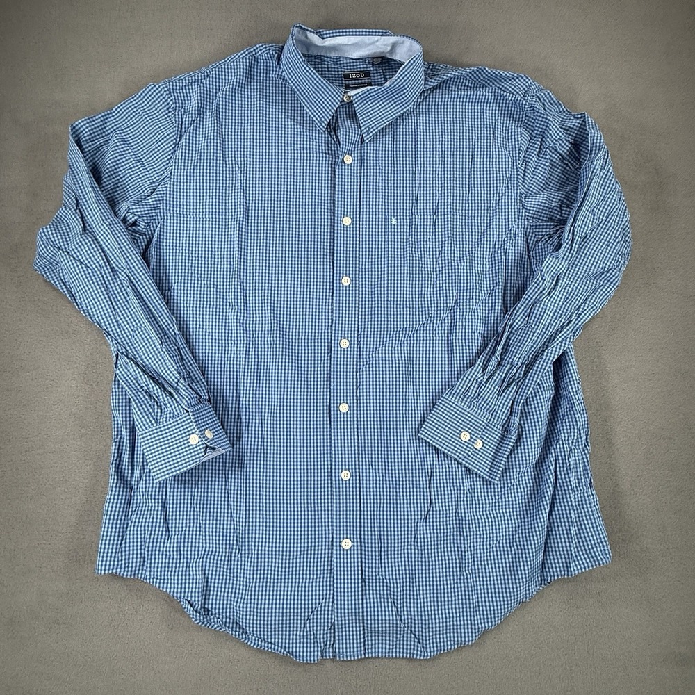 IZOD Button Down Shirt Mens 2XLT Blue Gingham Cotton Premium Tall Fit